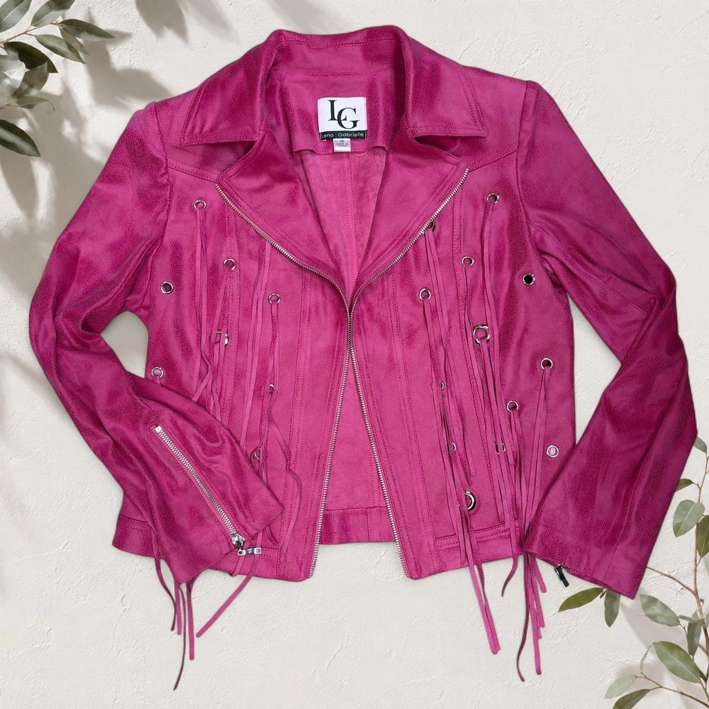 Lena Gabrielle Hot Pink Faux Suede Fringe Moto Jacket Western Y2K Women Size 12